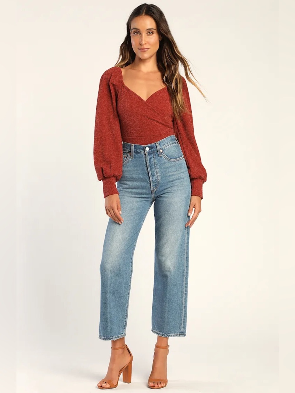 Lulus Fun Favorite Rust Red Long Sleeve Cropped Sweater Top - Size M - Picture 2 of 4